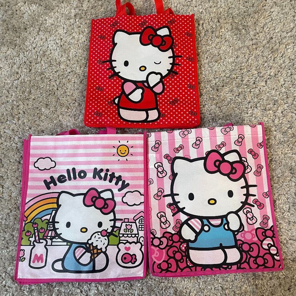 Hello Kitty Tote Bag Lot of 3 Pink Red Sanrio Reusable Shopper Bags - Picture 1 of 8